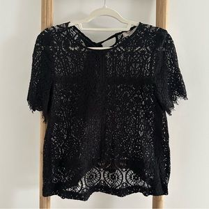 LOFT Black Lace Blouse with Ribbon Tie Medium Petite
